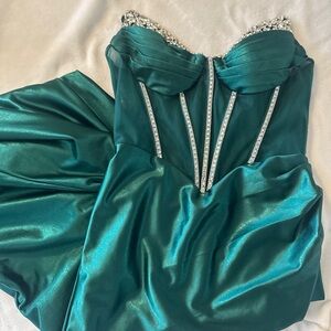 Elegant Teal Strapless Dress with Rhinestone Accents